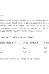 Ingredients and nutritional information for Vitabiotics Ultra Zinc 15 mg food supplement tablets.